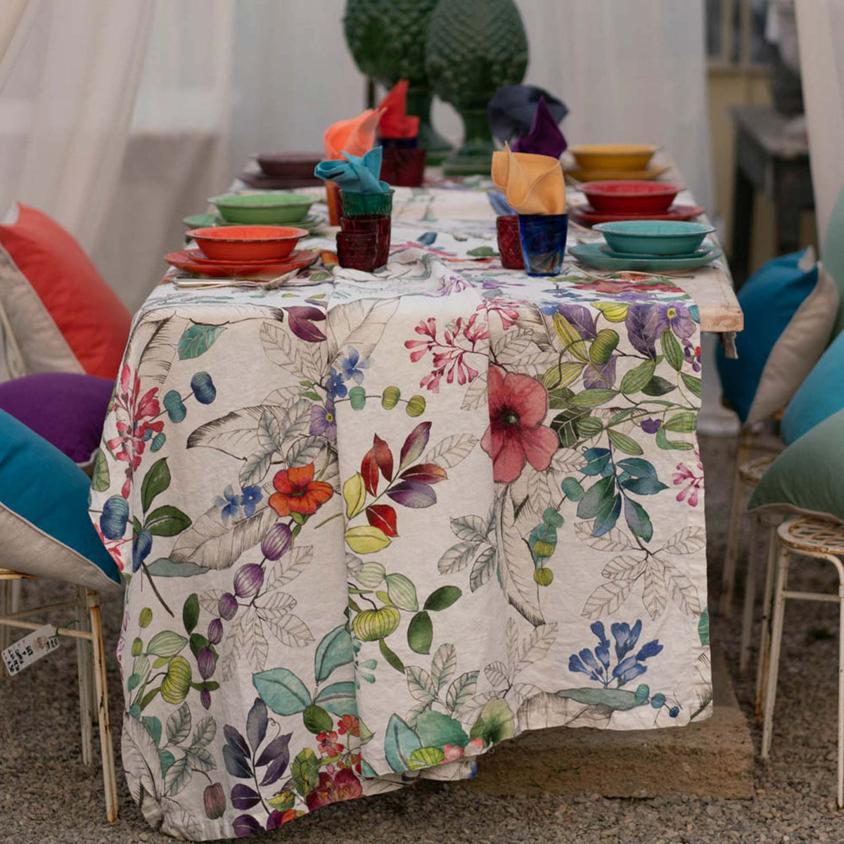Tischdecke aus reinem Hanf mit aufgedrucktem Blumenmuster – Maui