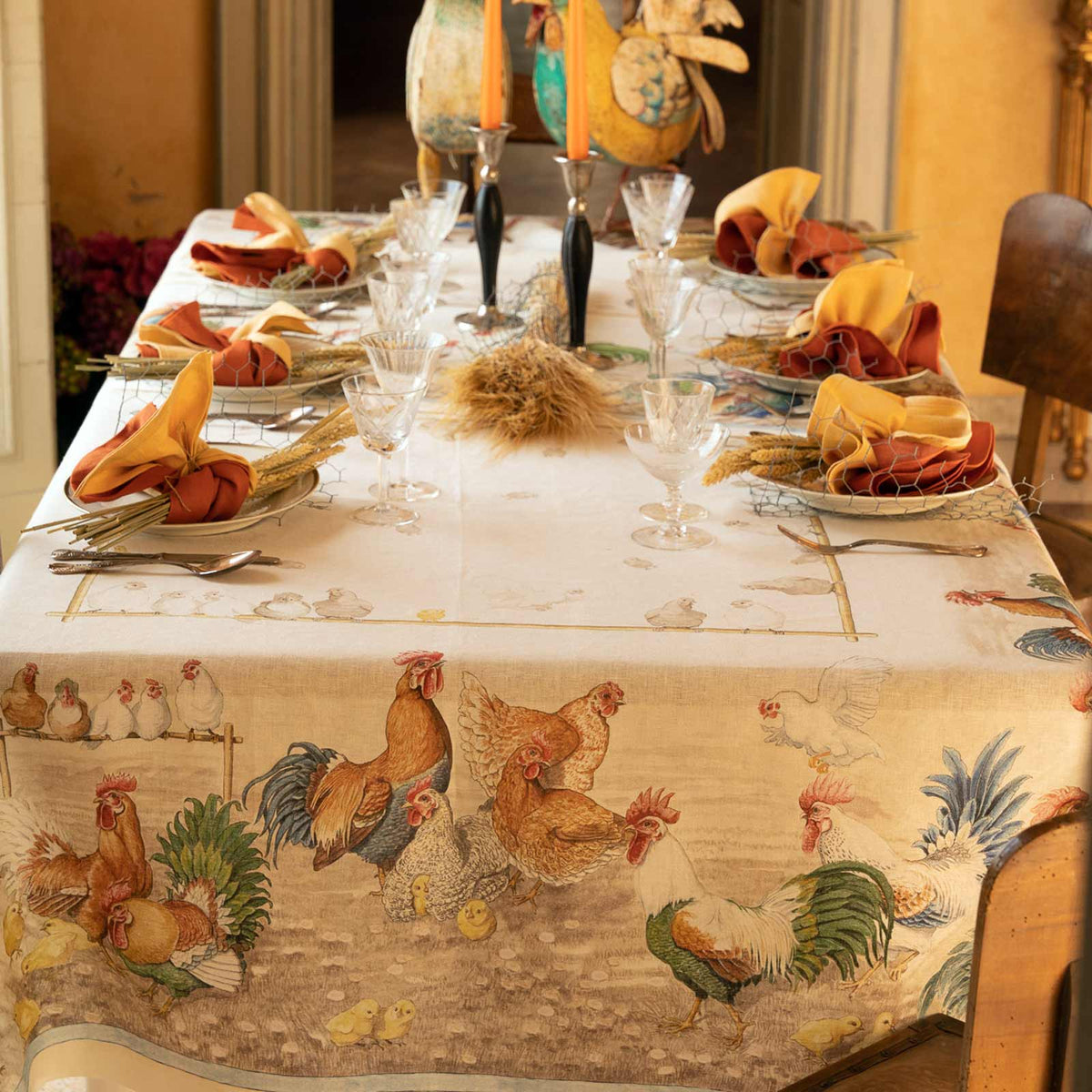 Tablecloth in Pure Linen printed Animal Patterned - Roosters