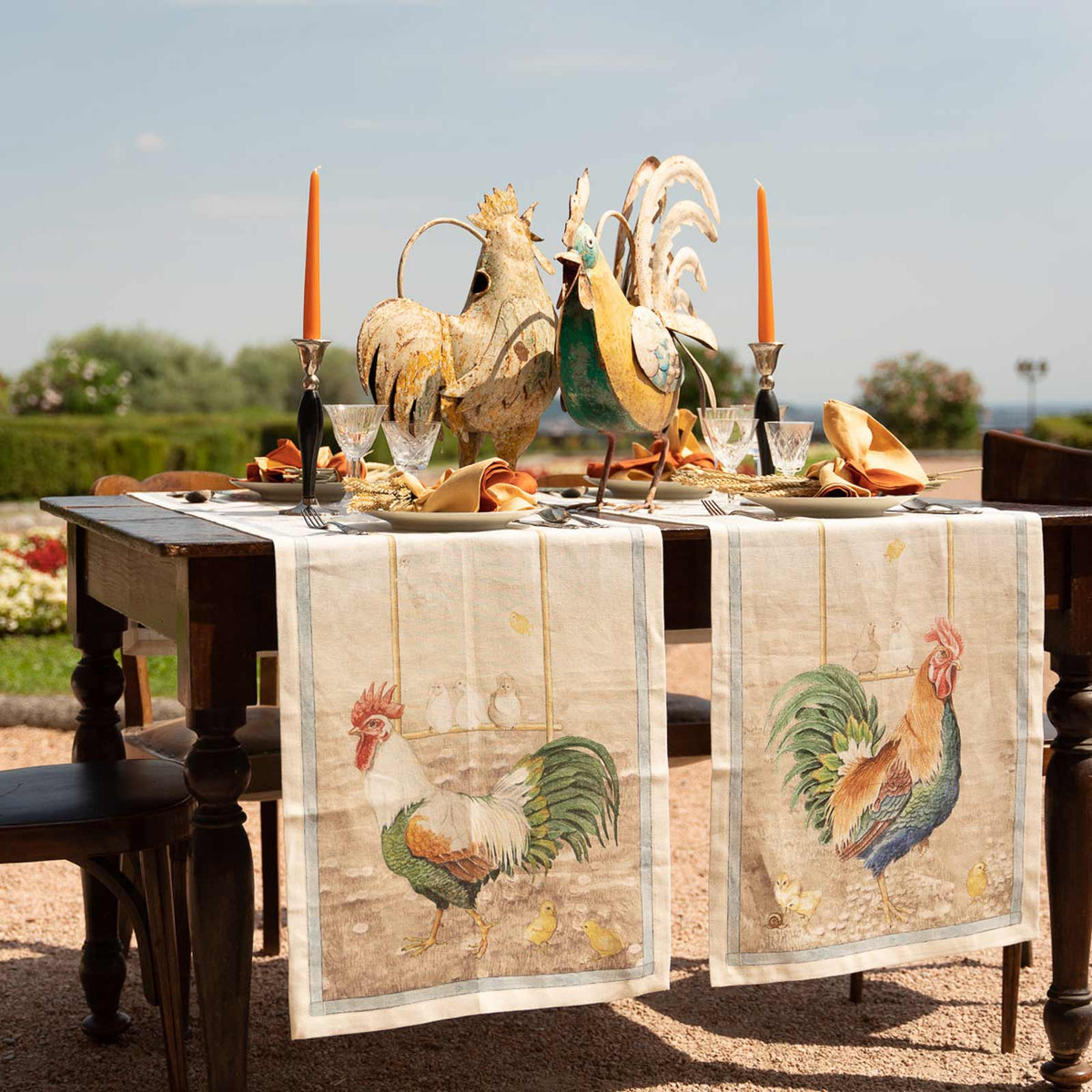 Table Runner in Pure Linen printed Animal Patterned - Roosters